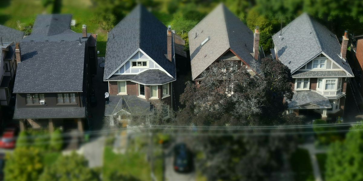 Row of two story houses viewed from above