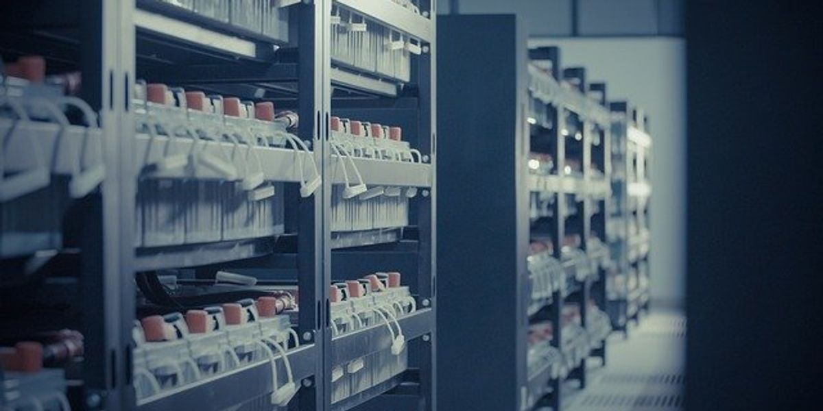 Rows of shelves with data center technology