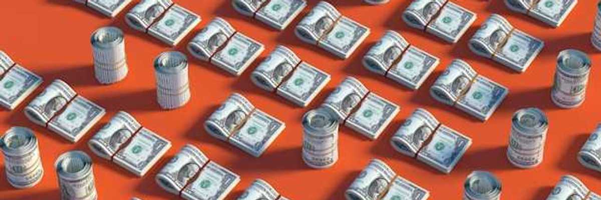 Rows of US dollars on a red background