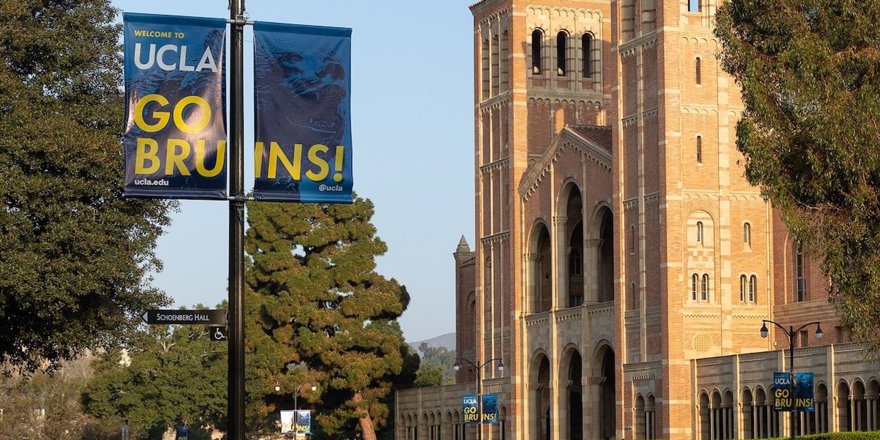 Royce Hall, UCLA campus "GO BRUINS" banners.