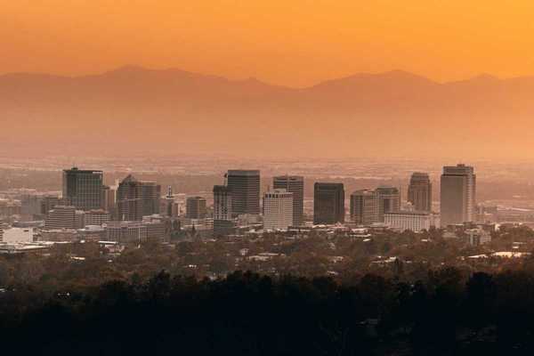 Salt Lake City center beneath a hazy sky