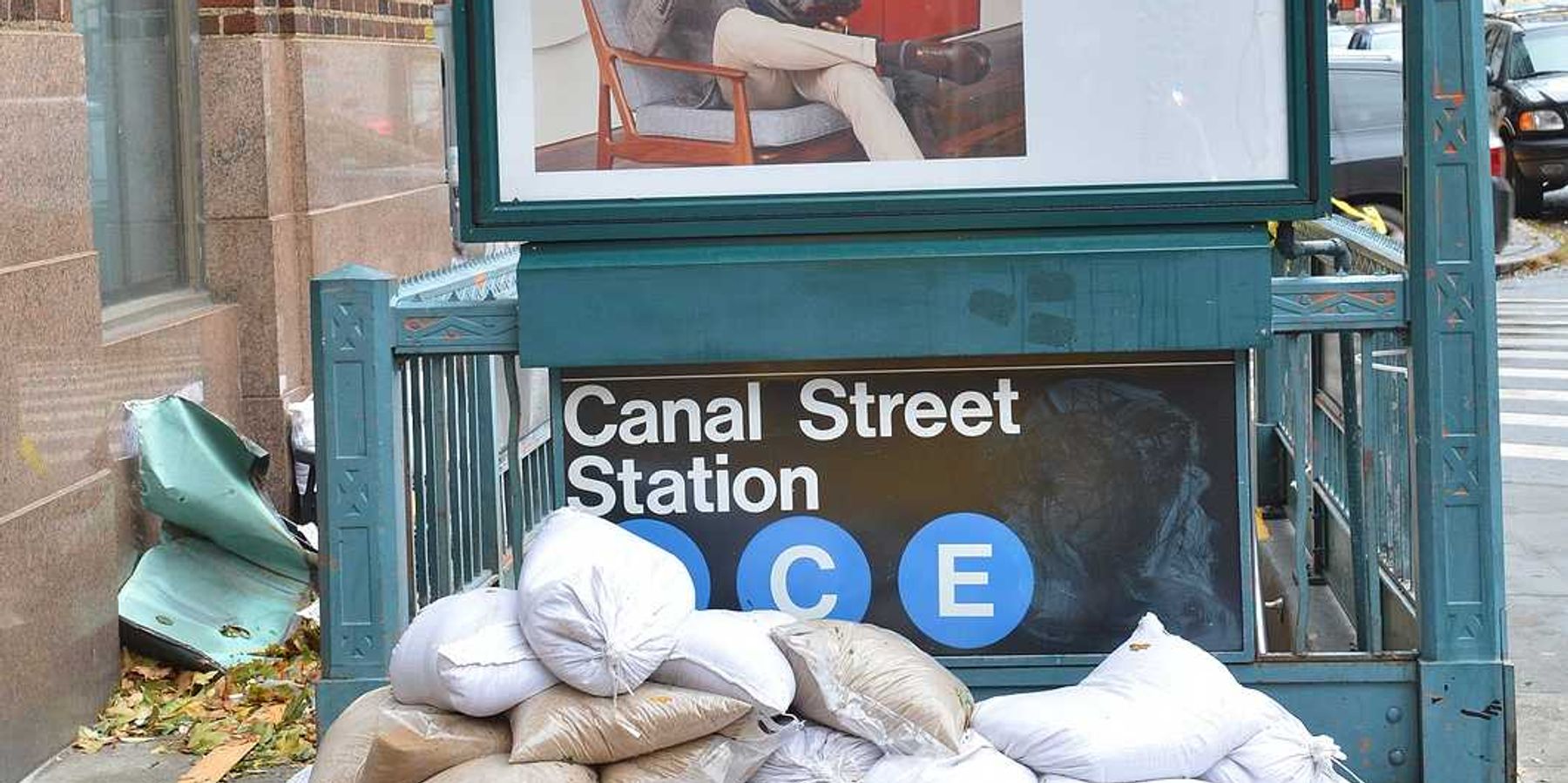 Sandbags piled at entrance to Canal Street Subway station NYC as a result of of Hurricane Sandy
