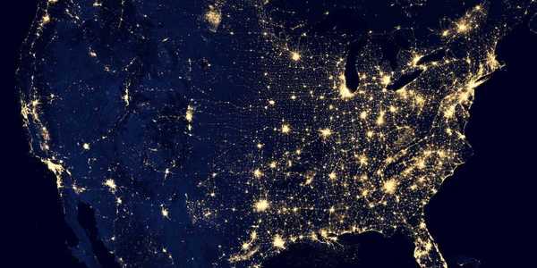 Satellite map of the continental US taken at night showing lights from major metropolitan areas