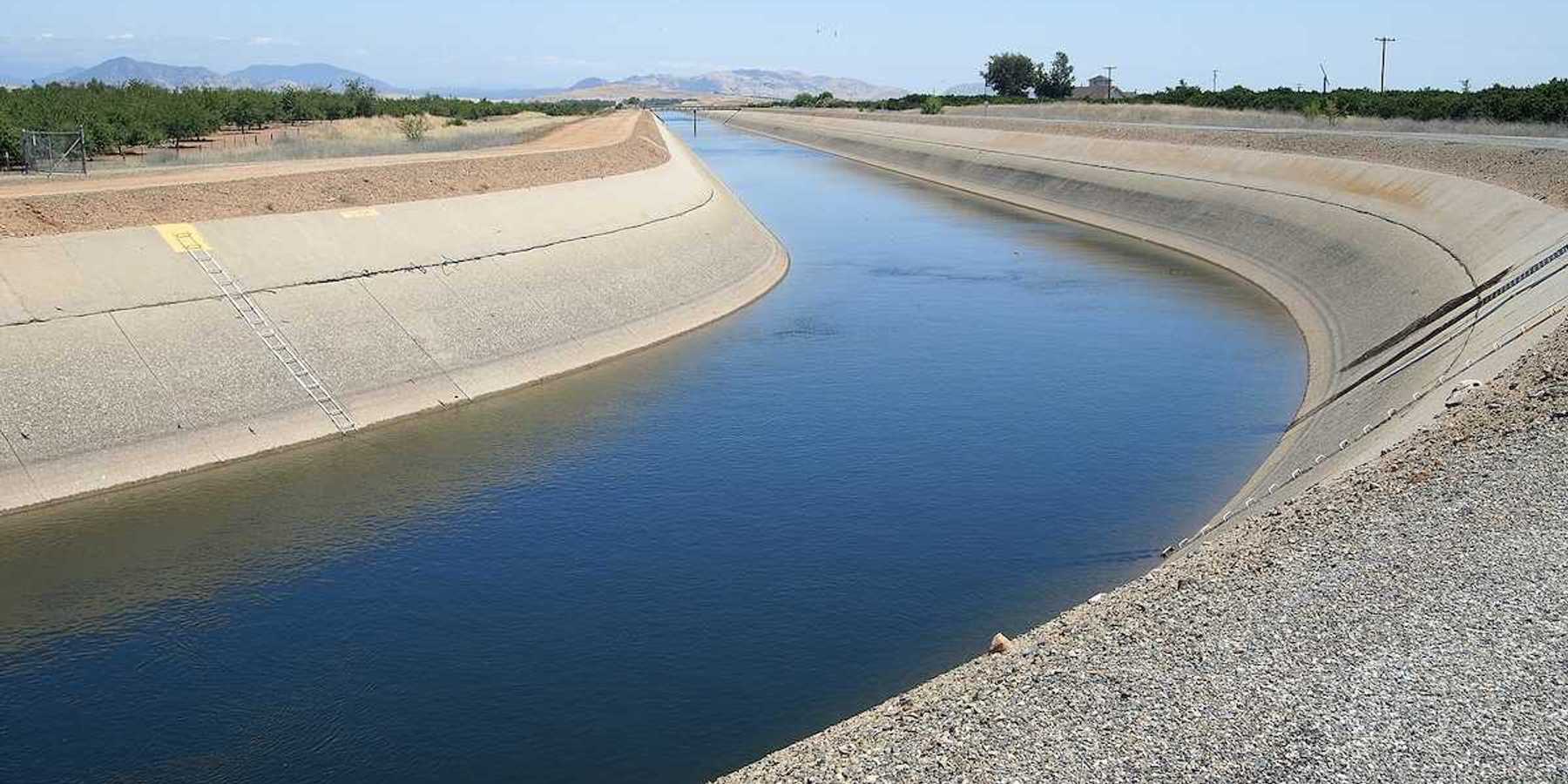 Save Download Preview Irrigation water flows in a canal near an orange grove.