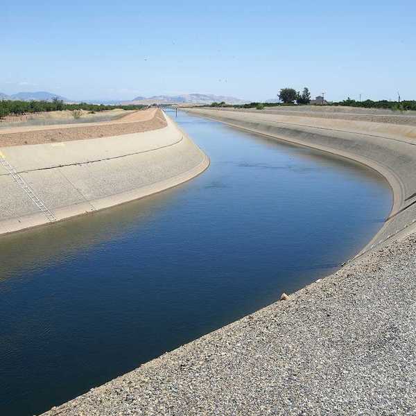 Save Download Preview Irrigation water flows in a canal near an orange grove.