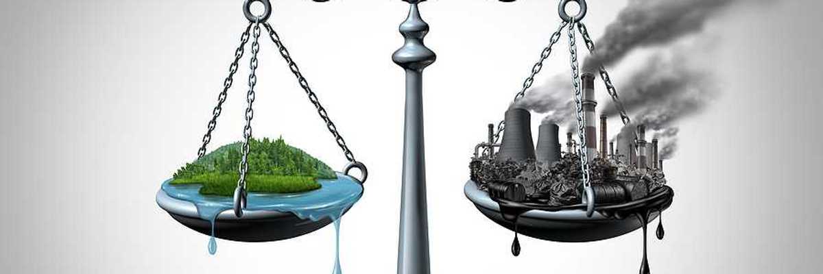 scales of justice with a harmonious green ecosystem on one side and a dirty polluted fossil fuel plagued industrial site on the other scale.