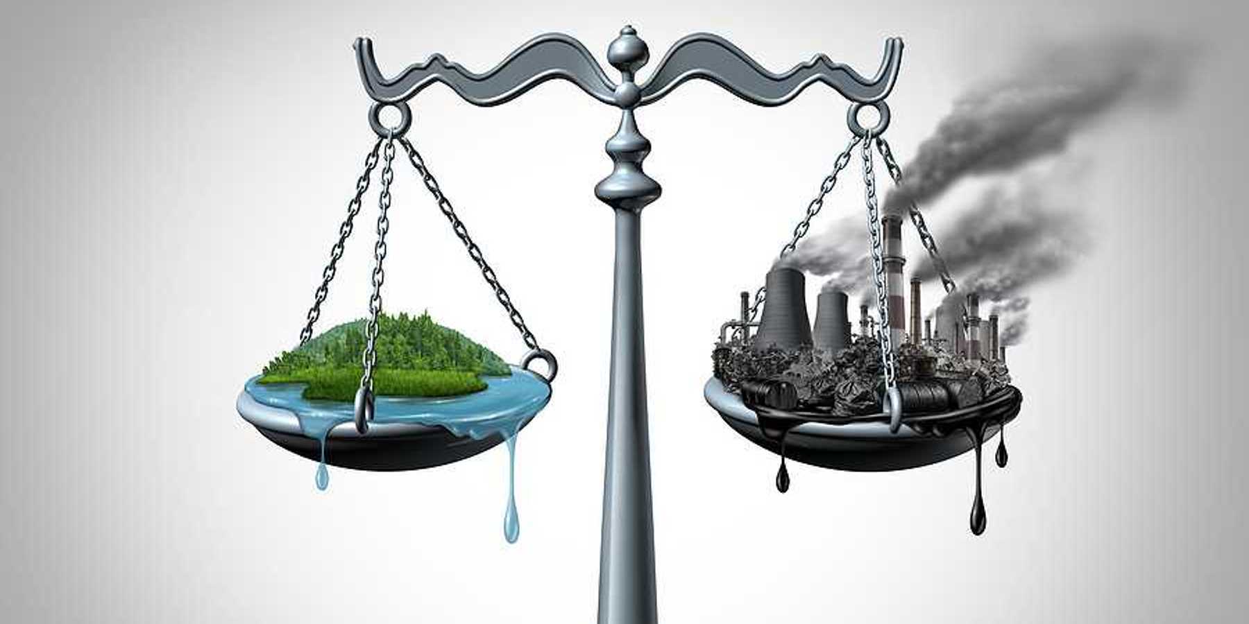 scales of justice with a harmonious green ecosystem on one side and a dirty polluted fossil fuel plagued industrial site on the other scale.