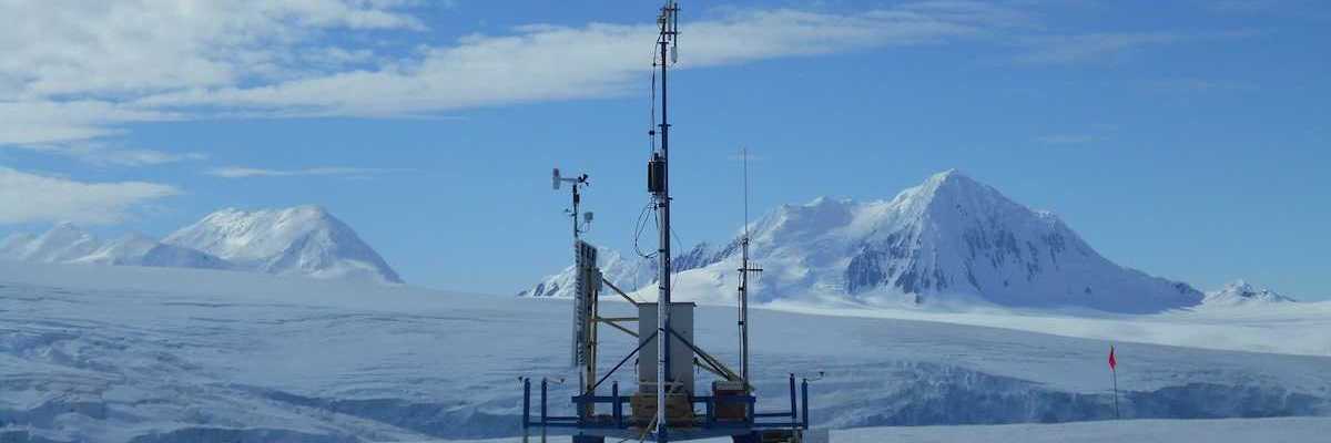 Scientific instrumentation atop a glacier near Palmer Station, Antarctica February 17, 2017 Mount Français in background.
