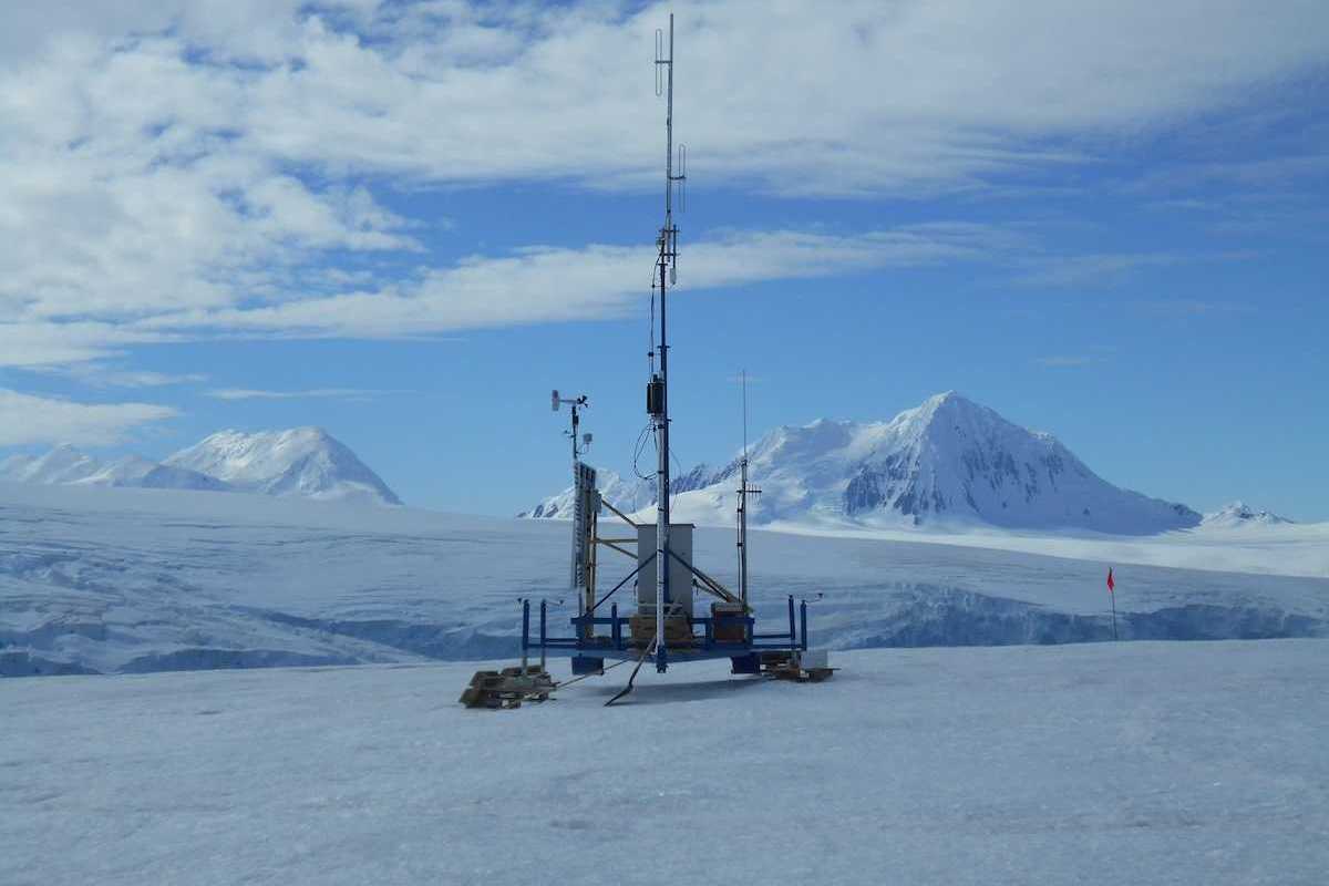 Scientific instrumentation atop a glacier near Palmer Station, Antarctica February 17, 2017 Mount Français in background.