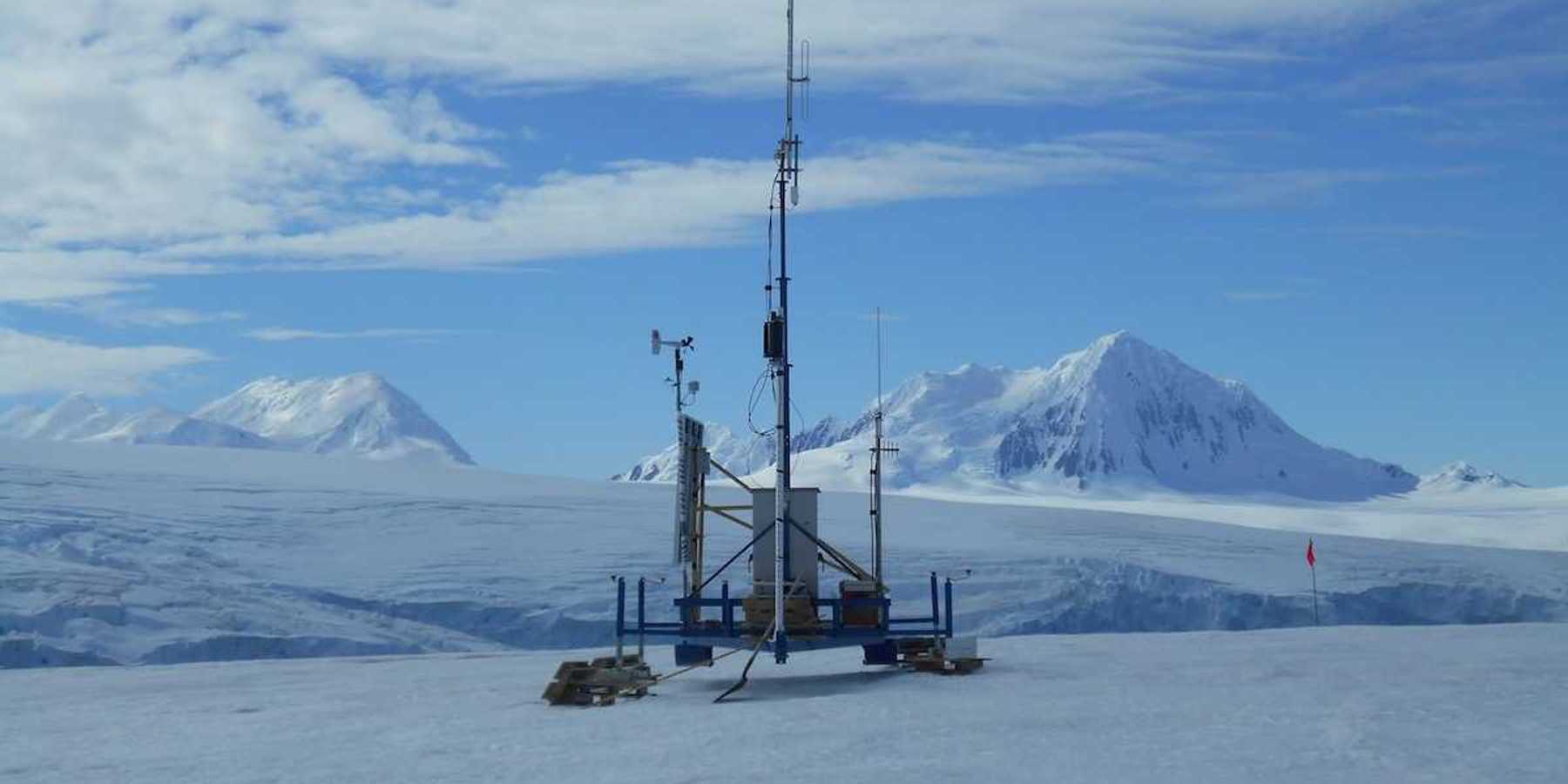 Scientific instrumentation atop a glacier near Palmer Station, Antarctica February 17, 2017 Mount Français in background.