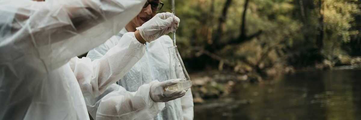 Scientists gathering water samples at a creek