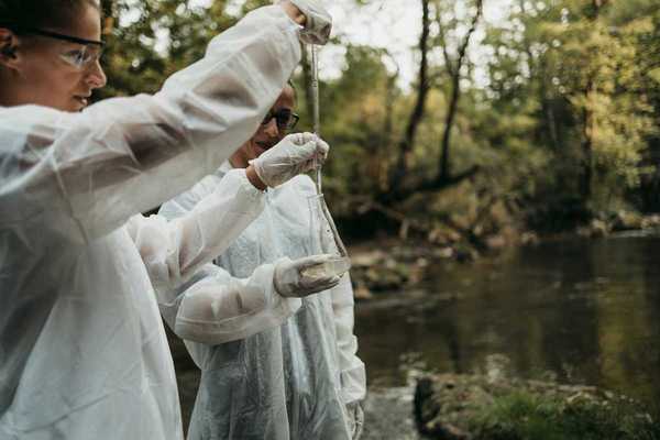 Scientists gathering water samples at a creek