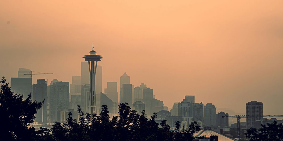 Seattle skyline turned orange with wildfire smoke.