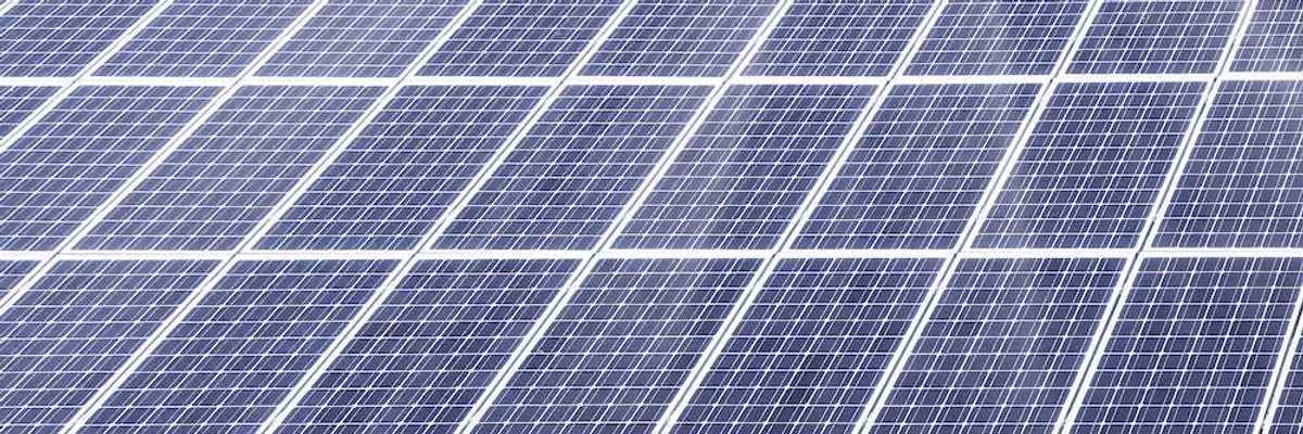 Sheep grazing underneath solar energy panels amidst a sunny sky.