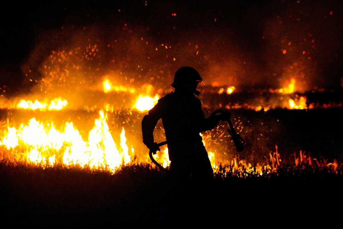 silhouette of firefighter standing on edge of wildfire during night time.