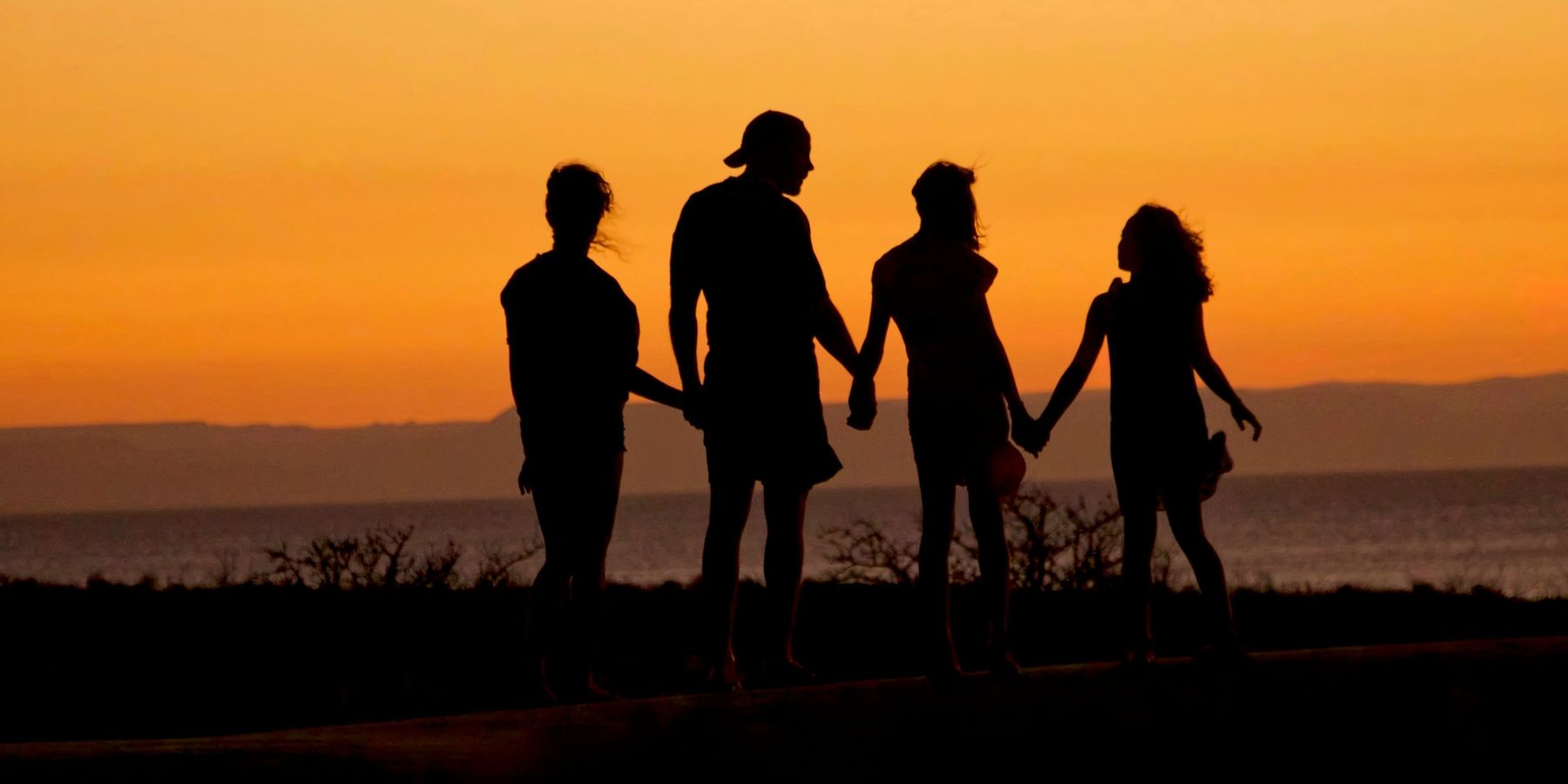 silhouette of people holding hands by a lake at sunset
