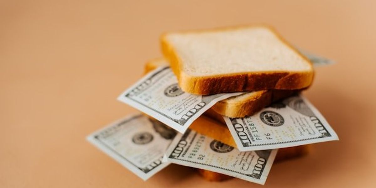 Slices of white bread with $100 dollar bills sandwiched between the slices.