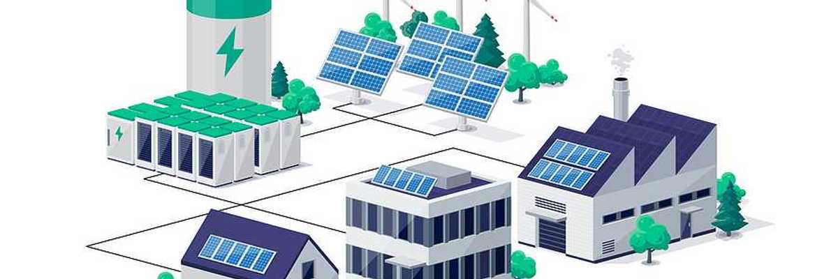 Smart grid virtual battery energy storage network with house office factory buildings, solar panel plant, wind and li-ion electricity backup. Electric car charging on renewable power supply system.