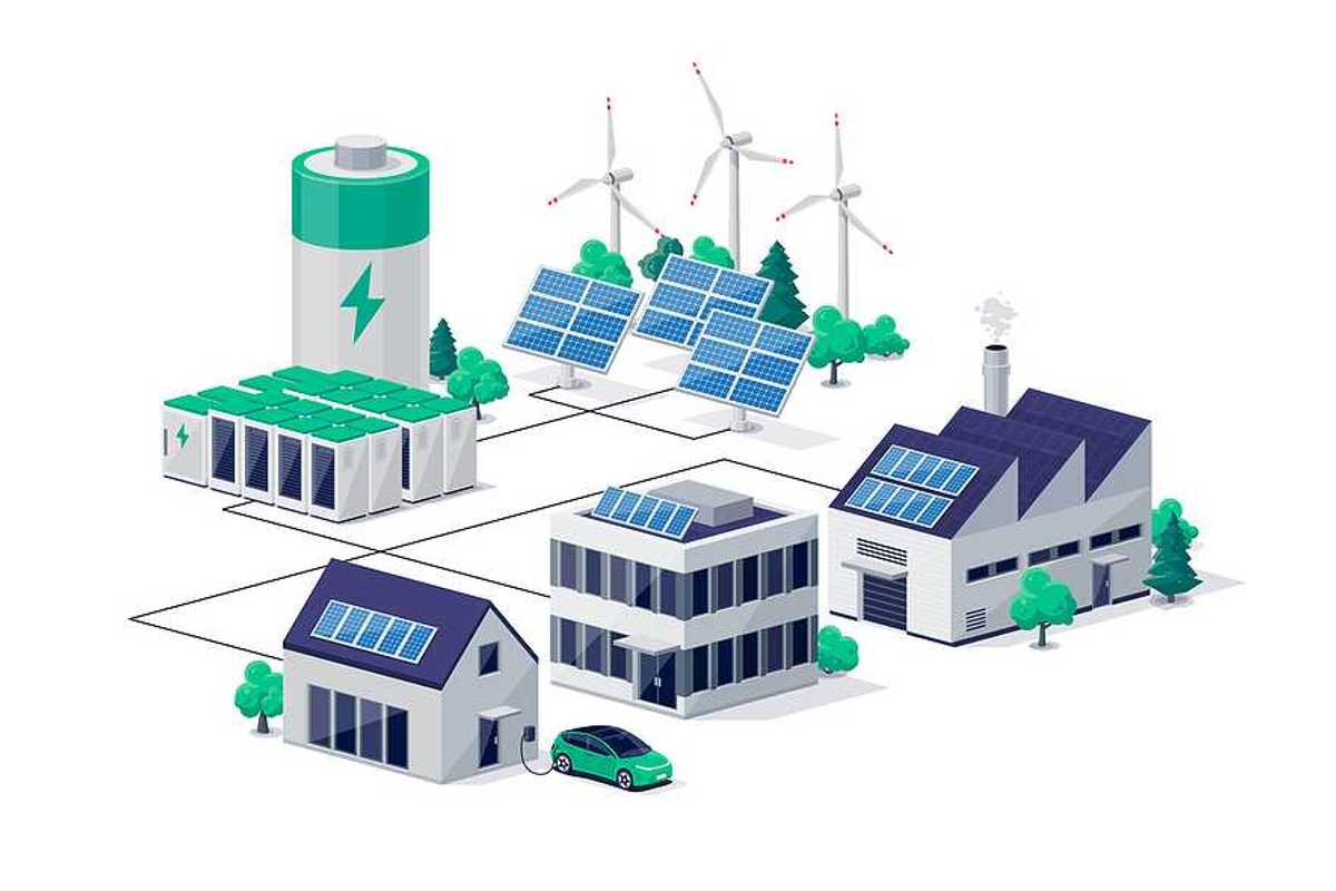 Smart grid virtual battery energy storage network with house office factory buildings, solar panel plant, wind and li-ion electricity backup. Electric car charging on renewable power supply system.