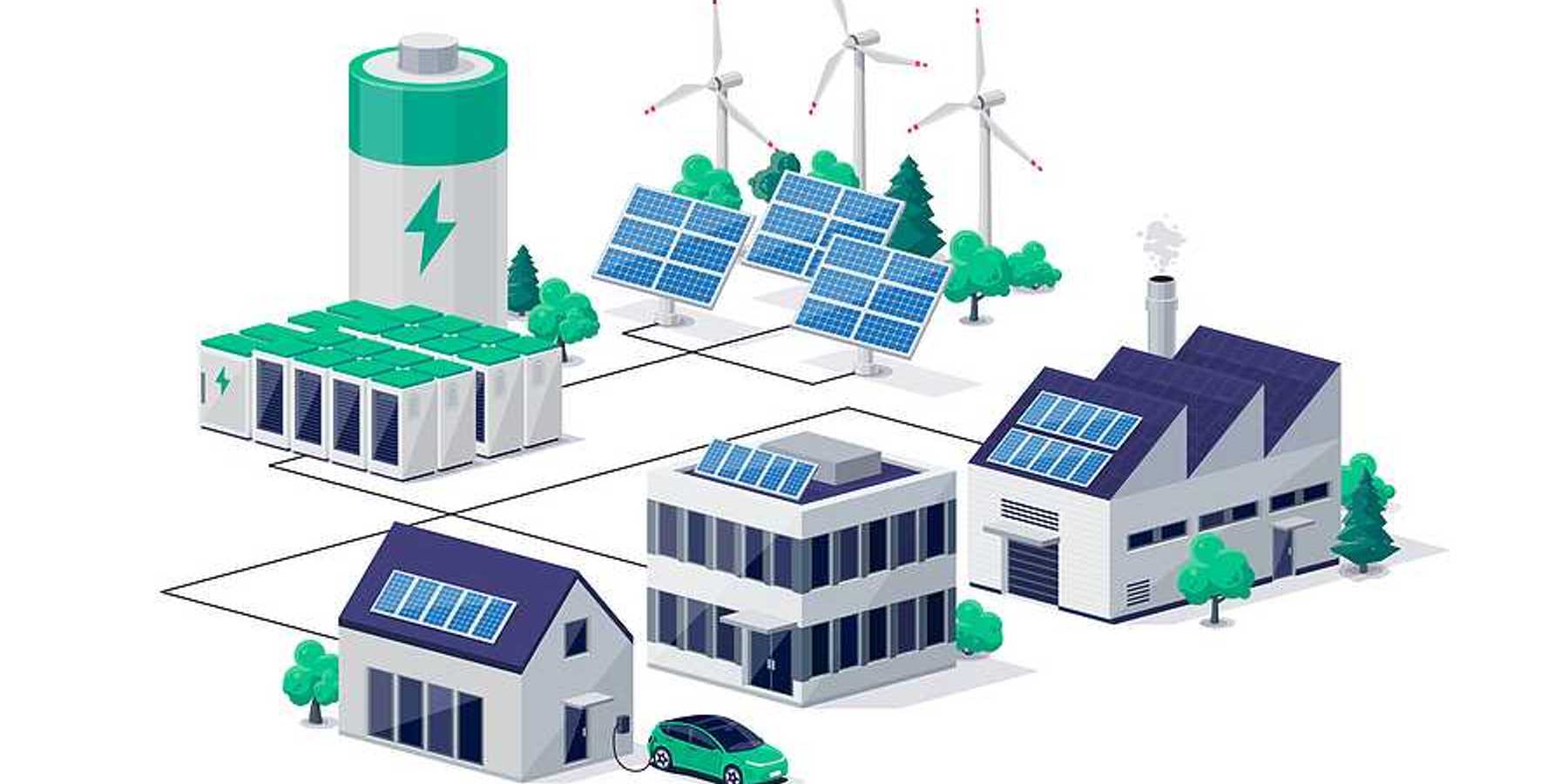 Smart grid virtual battery energy storage network with house office factory buildings, solar panel plant, wind and li-ion electricity backup. Electric car charging on renewable power supply system.
