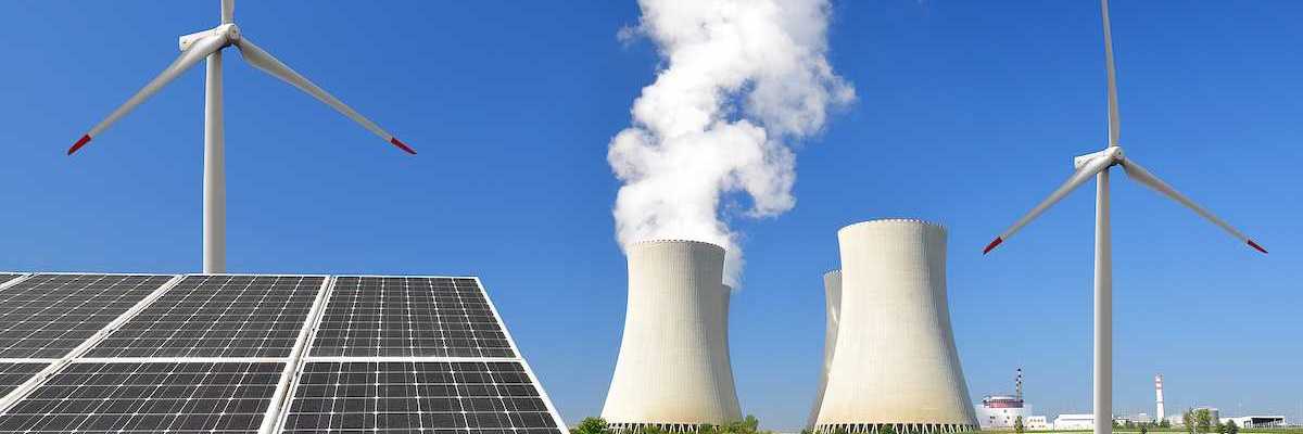 Solar panel, wind turbines, and cooling towers from a power plant