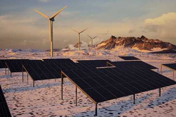 Solar panels and wind turbines in a snowy landscape