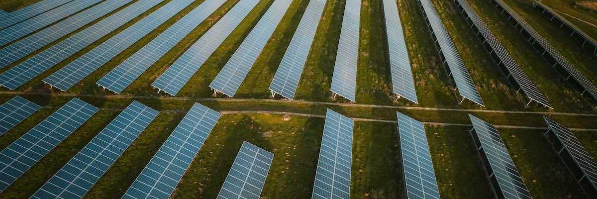 Solar panels arrayed across rural agricultural setting
