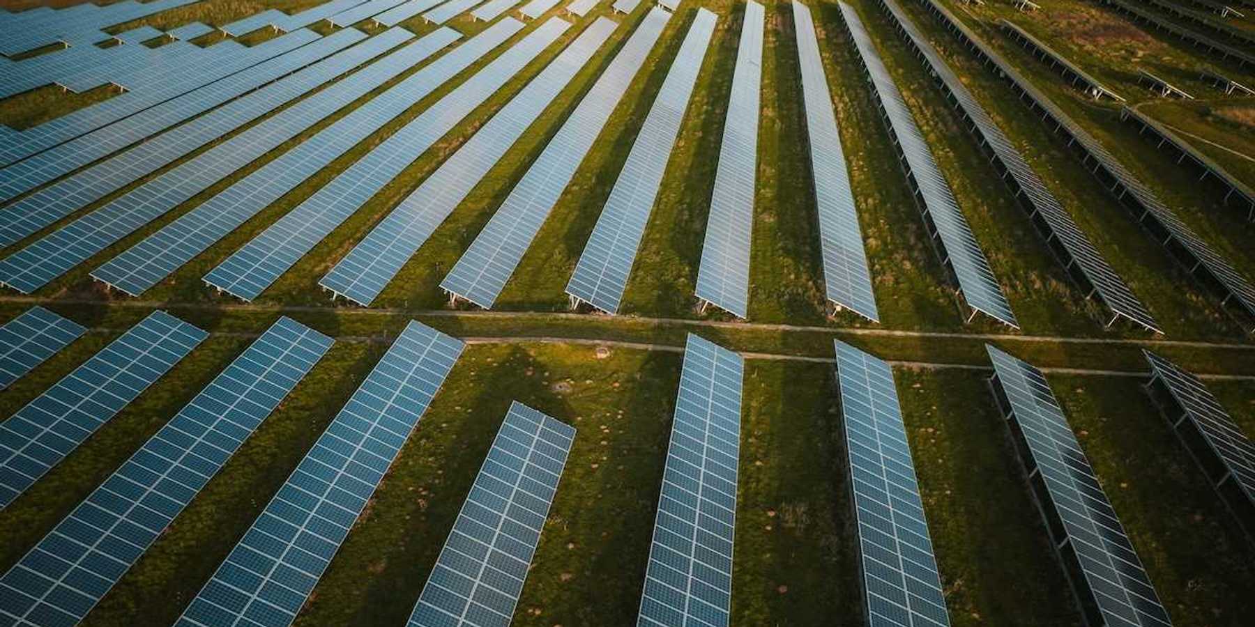 Solar panels arrayed across rural agricultural setting