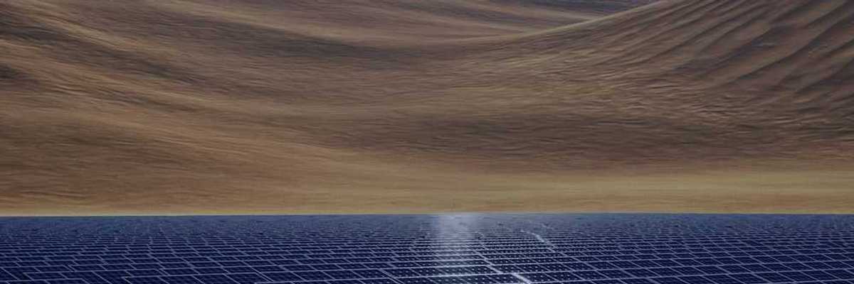 Solar panels in a desert with sand dunes and a starry sky behind