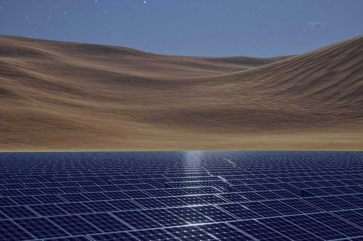 Solar panels in a desert with sand dunes and a starry sky behind