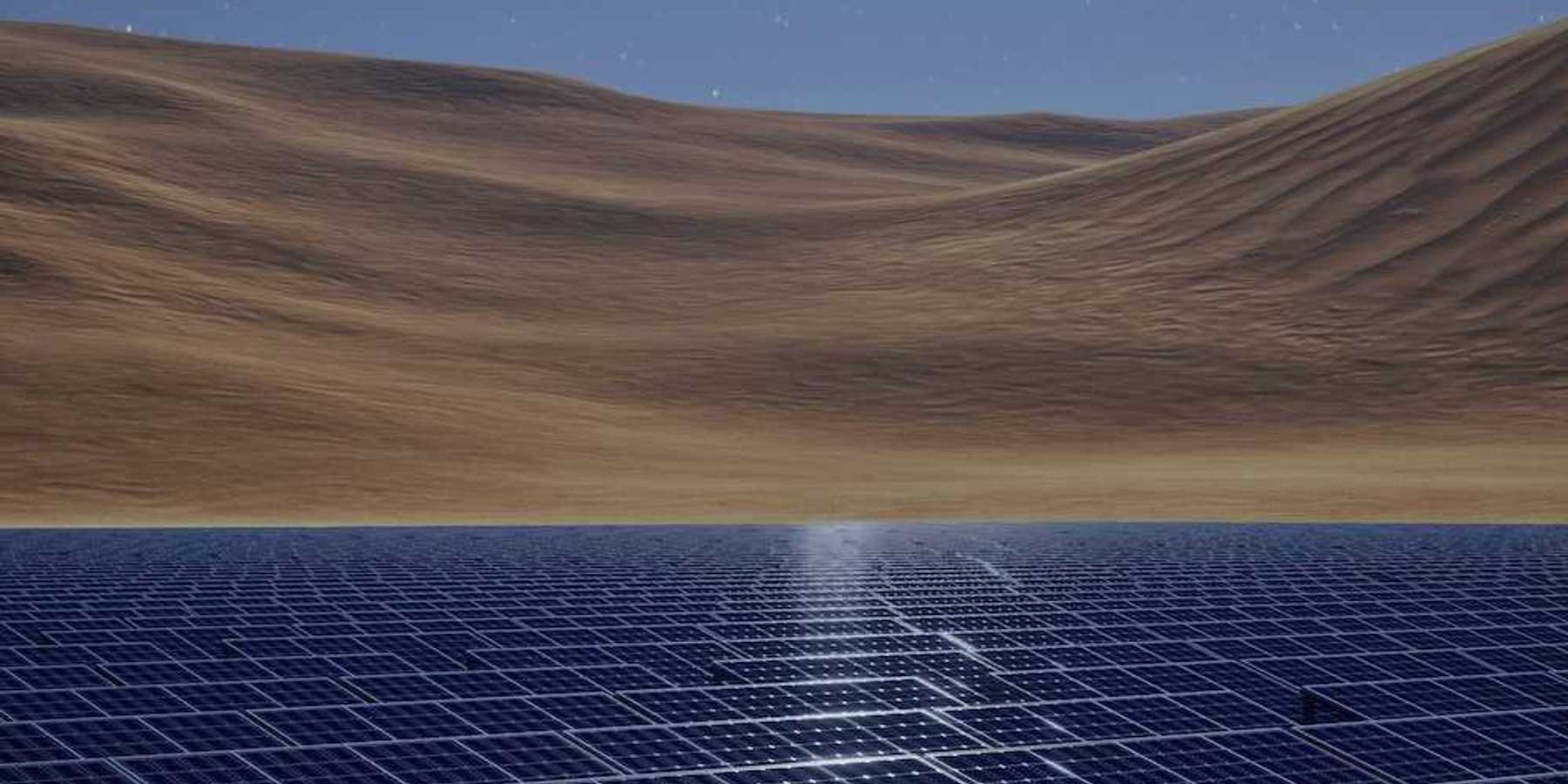 Solar panels in a desert with sand dunes and a starry sky behind