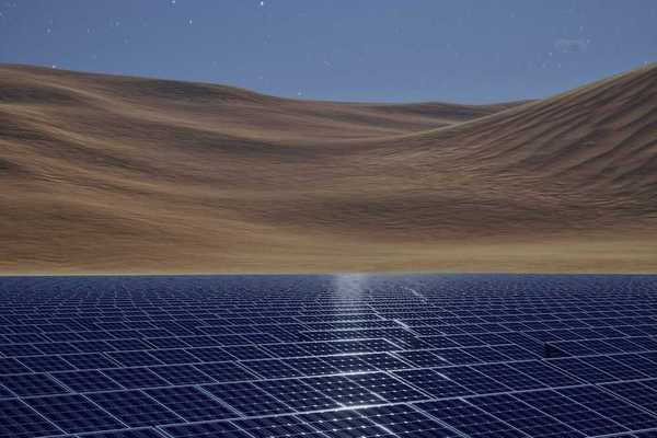 Solar panels in a desert with sand dunes and a starry sky behind