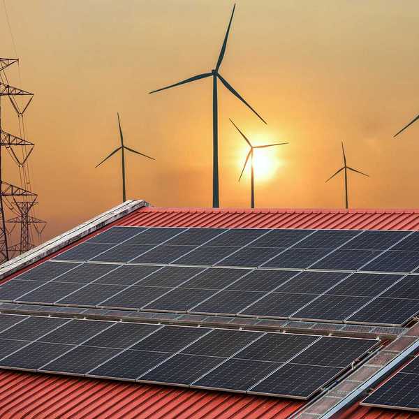 Solar panels juxtaposed against transmission lines and wind turbines