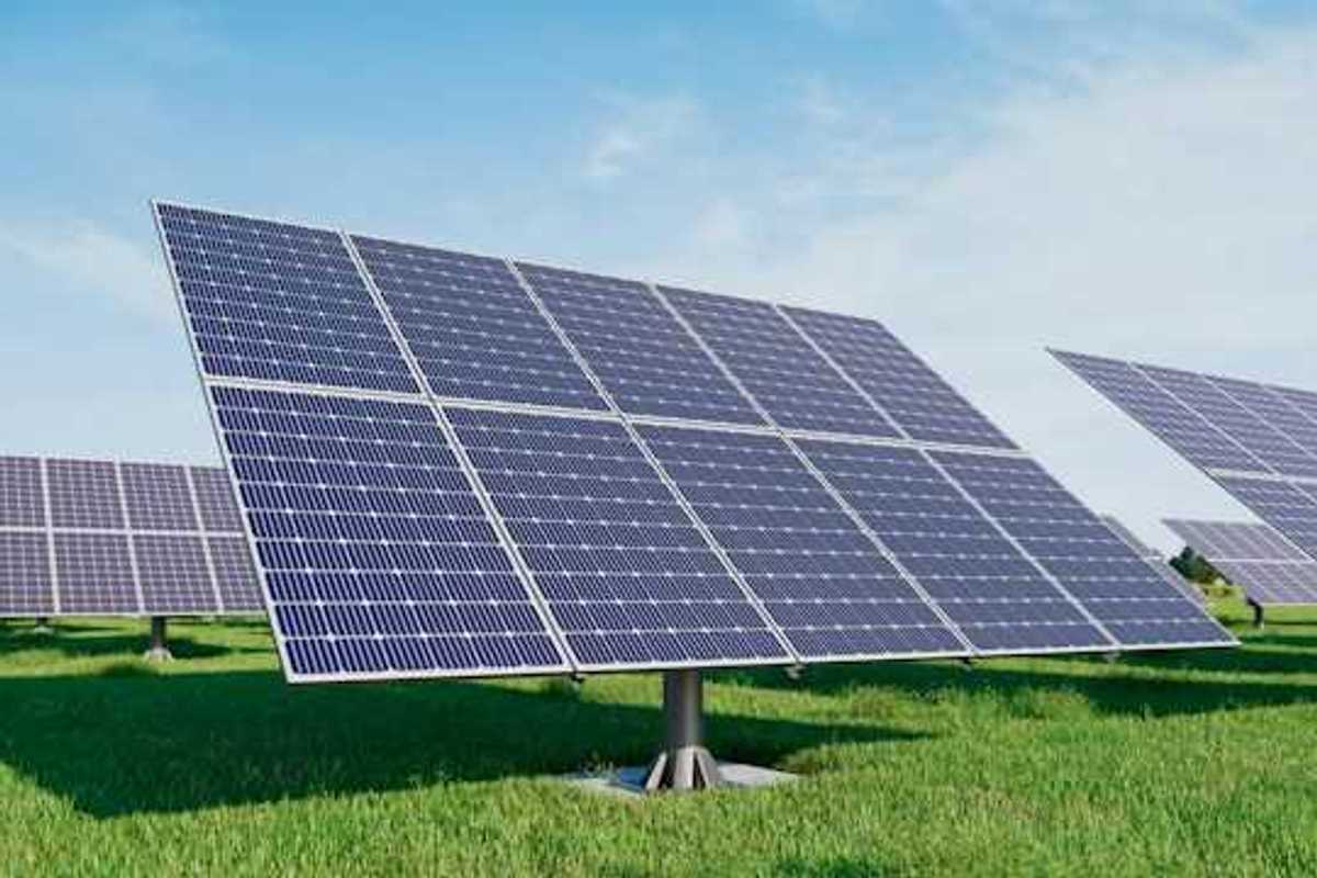 Solar panels standing in a grassy field