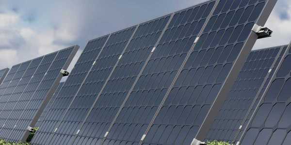 Solar panels under a cloudy sky