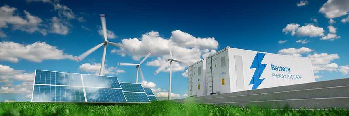 Solar panels, wind turbines, and large battery containers for energy storage