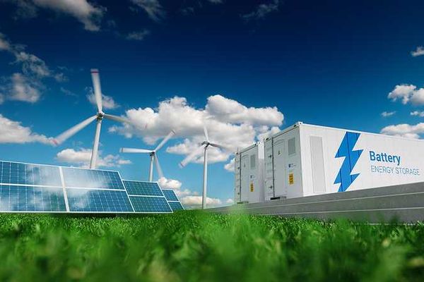 Solar panels, wind turbines, and large battery containers for energy storage