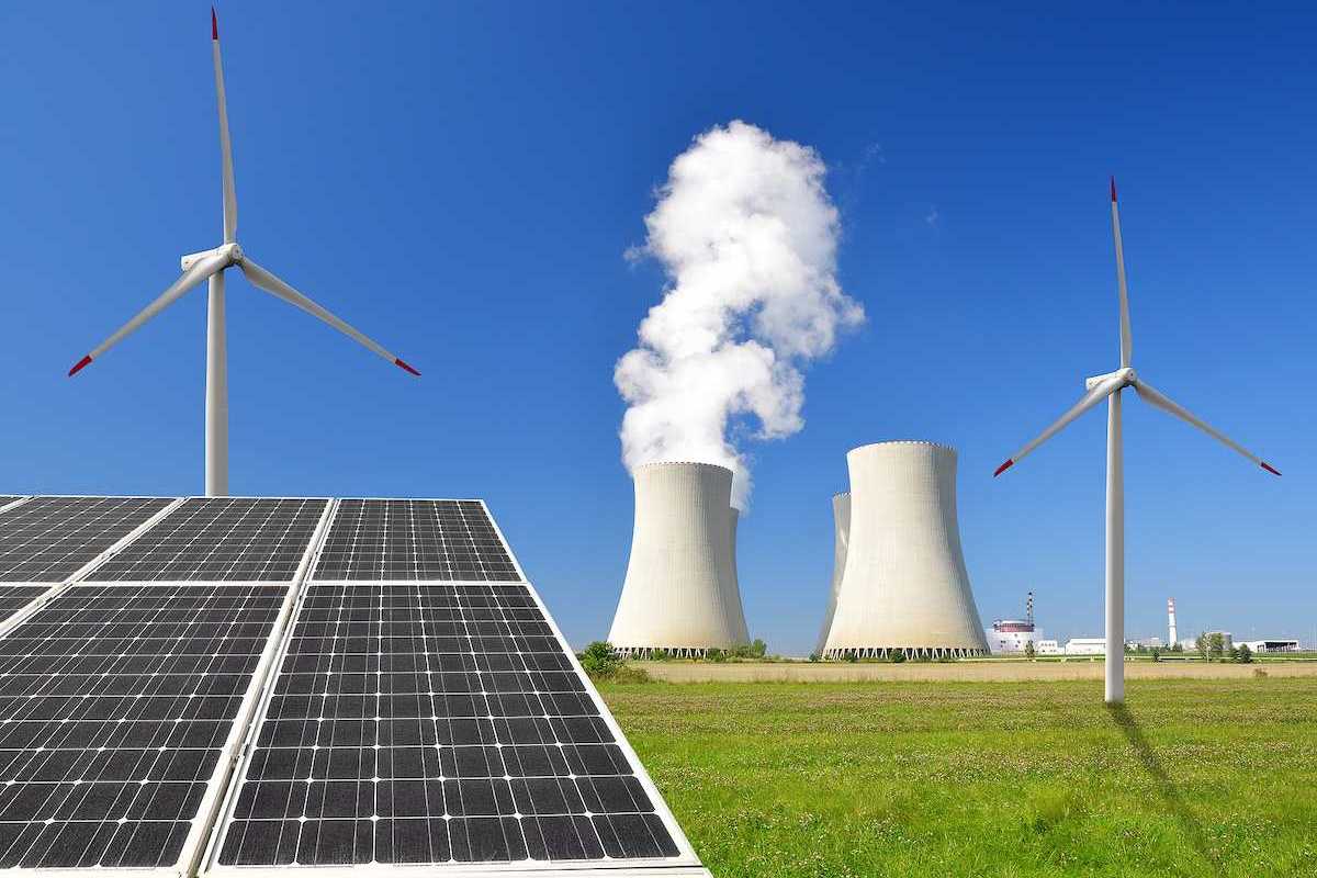 Solar panels, wind turbines and nuclear power plant cooling towers