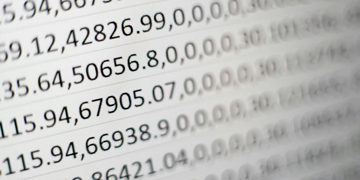 Spreadsheet cells and rows with numbers.