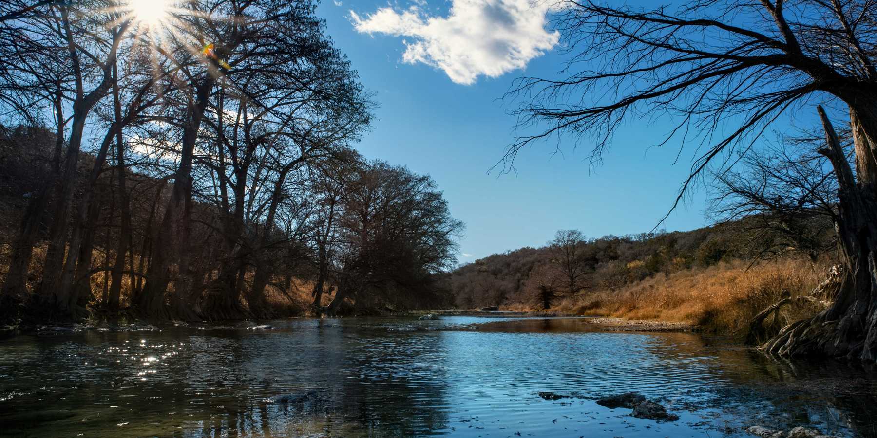 Sunlight shines over river bed