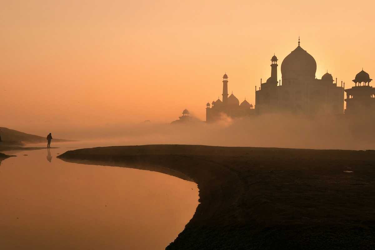 Taj Mahal against a hazy sunrise