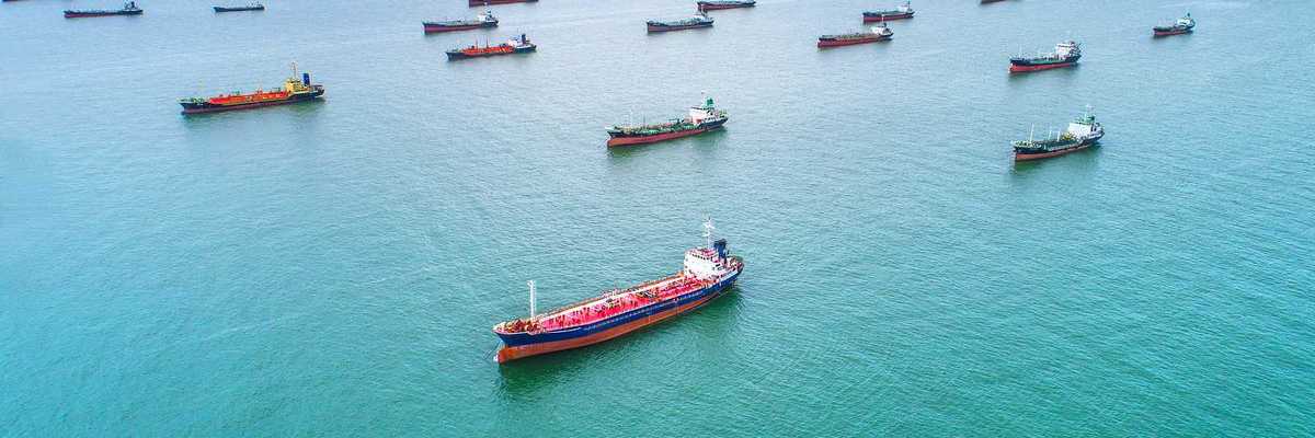 Tankers and cargo ships awaiting port access