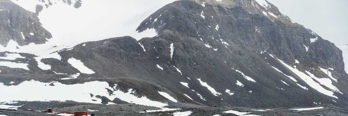 The Argentinian "Esperanza" Base at Hope Bay on the Antarctic Peninsula. Red buildings dotting the landscape.