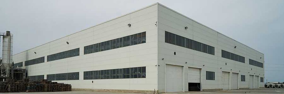 The exterior of a generic warehouse-type building