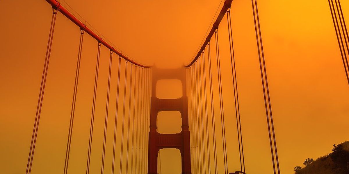 The Golden Gate Bridge viewed on a smoky day.