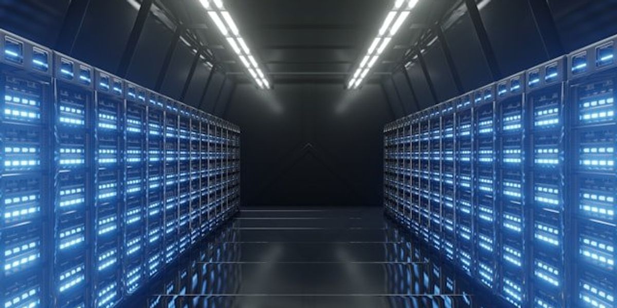 The interior of a data center with rows of servers.