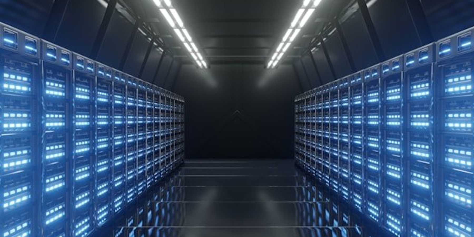 The interior of a data center with rows of servers.