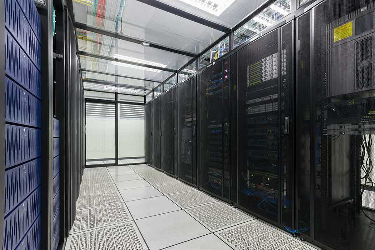 The interior of a data center with rows of servers