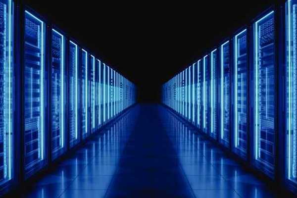 The interior of a data center with servers stretching into the distance
