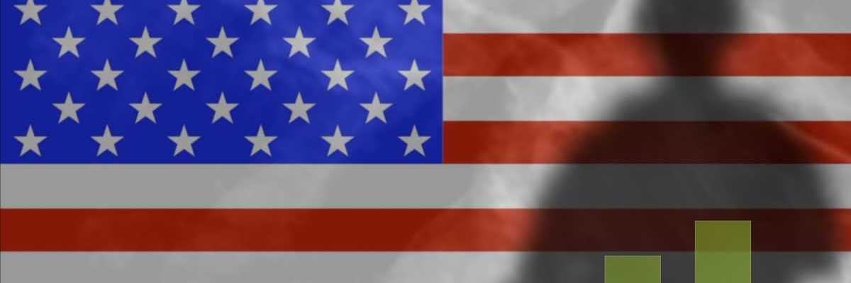 The shadow of a soldier on the background of the American flag. Graph depicts military spending growth chart.
